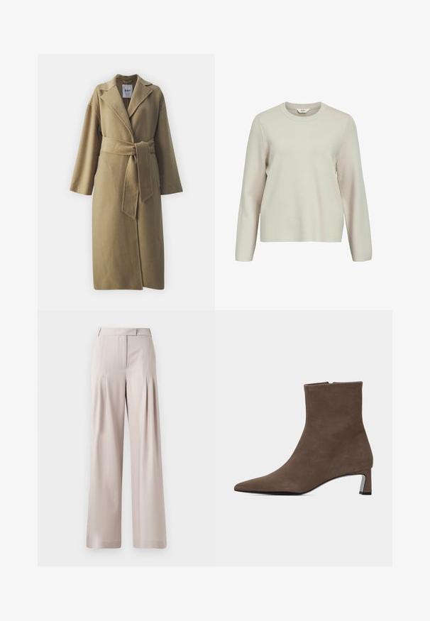 Manteau en laine beige avec une ceinture à nouer, grands revers et manches longues. Texture lisse avec une silhouette structurée et sans fermetures visibles.; Pull beige clair à manches longues avec un col rond. Fabriqué en maille texturée, présentant des épaules légèrement tombantes et une coupe décontractée.; Pantalons larges beiges avec une texture lisse, un design plissé à l'avant et une taille ajustée. Convient pour une tenue formelle ou décontractée.; Bottine en suède marron avec bout pointu, fermeture éclair latérale et petit talon carré sur fond clair uni.