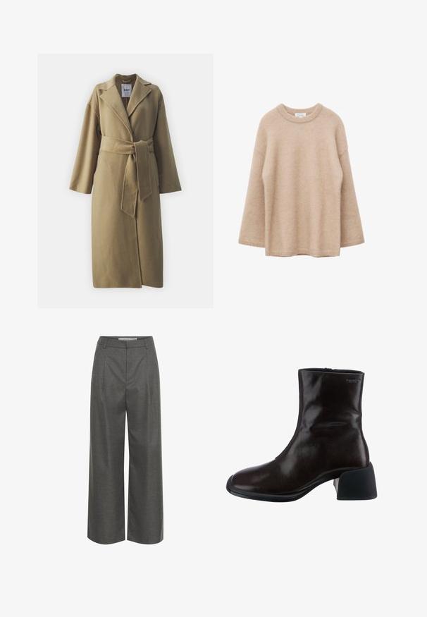 Beige wollen jas met een strikriem, grote revers en lange mouwen. Effen structuur met een gestructureerd silhouet en geen zichtbare sluitingen.; Beige trui met lange mouwen, ronde hals, zachte, pluizige textuur en een losse pasvorm, weergegeven tegen een witte achtergrond.; Grijze wijde broek van textuurstof, met een hoge taille en verticale plooien, zonder zichtbare zakken of hardware details.; Vagabond ANSIE - Lage laarzen - braun