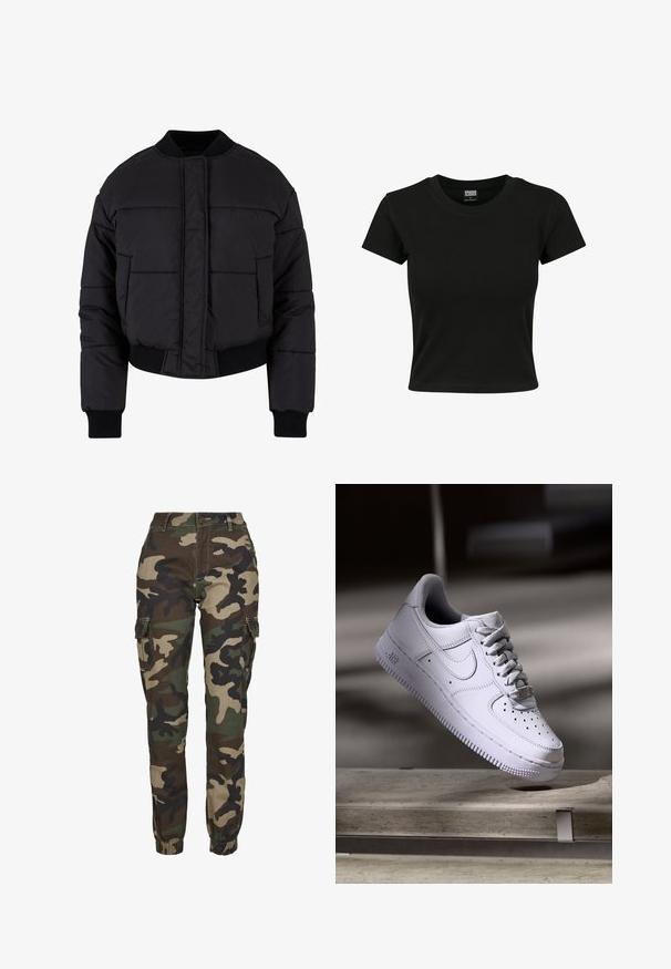 Sort cropped puffer-jakke med en glat overflade, ribbet krave og ærmer, har horisontalt syede paneler og to sidelommer.; Sort kortærmet t-shirt lavet af glat bomuldsstof, med rund halsudskæring og en tætsiddende pasform. Ingen synlige mønstre eller accenter.; Kamuflage cargo bukser i nuancer af grøn, brun og sort; har elastiske manchetter, sidelommer og en sikker knaplukning.; Hvid Nike Air Force 1 sneaker svævende over en betonoverflade med skygger i et minimalistisk miljø.