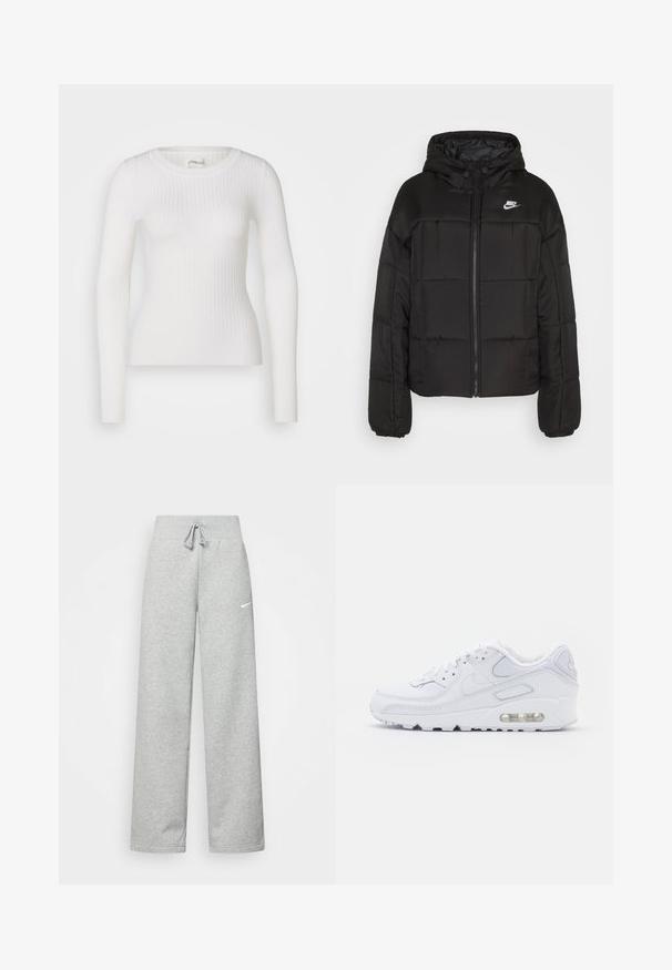Chaqueta acolchada negra con capucha. Presenta un diseño acolchado, cierre frontal, puños elásticos y un pequeño logotipo blanco de Nike en la parte superior izquierda.; Top blanco de manga larga con costuras acanaladas y escote redondo. La tela es suave, con una textura sutil y un diseño ajustado. Sin hardware ni patrones visibles.; Pantalones de chándal grises con cintura elástica, detalle de cordón y un pequeño logo blanco de Nike en el muslo izquierdo. Tejido suave, de corte holgado.; Nike Sportswear AIR MAX 90 - Zapatillas - white/metallic gold