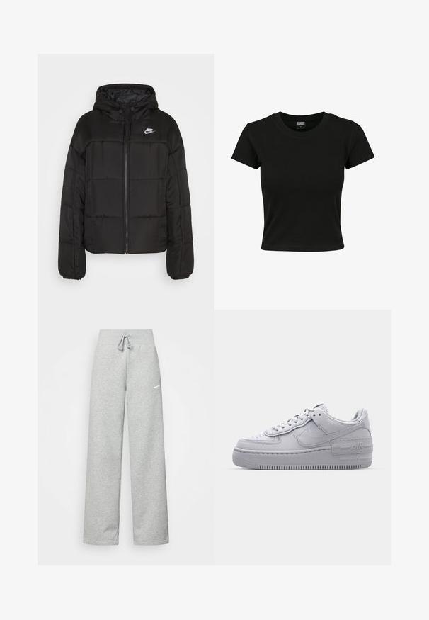 Mustavillainen puhallettava takki hupulla. Ominaisuuksiin kuuluu tikattu muotoilu, etuvetoketju, joustavat hihansuut ja pieni valkoinen Nike-logo vasemmassa yläkulmassa.; Mustat lyhythihaiset t-paidat, jotka on valmistettu sileästä puuvillamateriaalista. Paidassa on pyöreä pääntie ja vartalonmyötäinen muoto. Ei näkyviä kuvioita tai yksityiskohtia.; Harmaat verkkarit, joissa on elastinen vyötärö, nauhaverhoilu ja pieni valkoinen Nike-logo vasemmassa reidessä. Pehmeä kangas, löysä istuvuus.; Harmaa Nike Air Force 1 -lenkkari, jossa on reikänenä, sileä nahkapäällinen, paksu pohja ja kohokuvioitu 'AIR'-yksityiskohta kantapäässä.