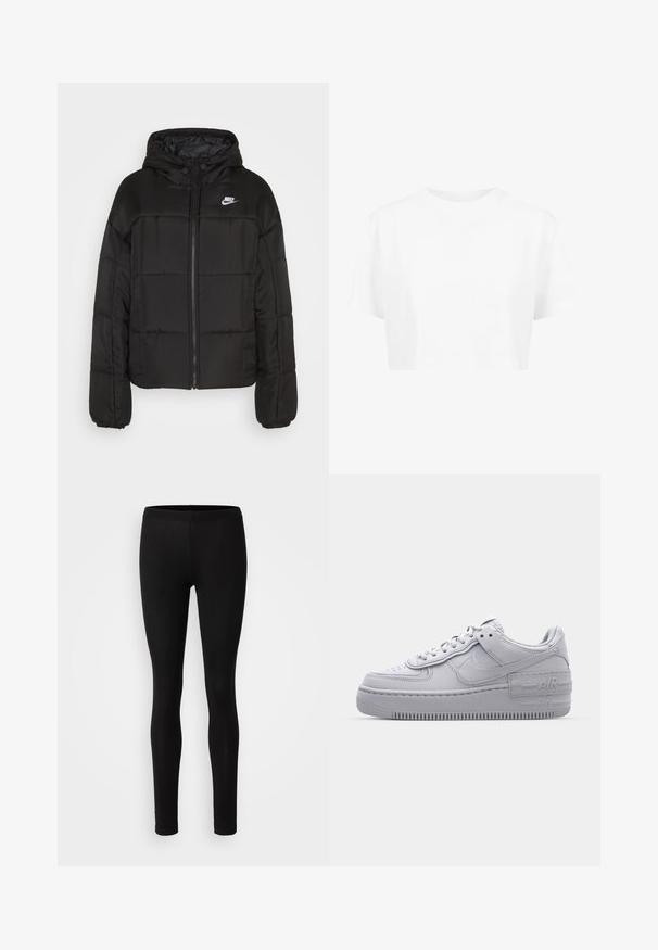 Chaqueta acolchada negra con capucha. Presenta un diseño acolchado, cierre frontal, puños elásticos y un pequeño logotipo blanco de Nike en la parte superior izquierda.; Camiseta blanca corta, de mangas cortas, con cuello redondo, hecha de una tela suave, sin patrones visibles ni herrajes distintivos.; Leggings negros hechos de una tela suave y elástica. Tienen un ajuste ceñido con una cintura elástica y una textura suave y mate.; Zapatilla Nike Air Force 1 gris con puntera perforada, parte superior de cuero suave, suela gruesa y detalle en relieve 'AIR' en el talón.