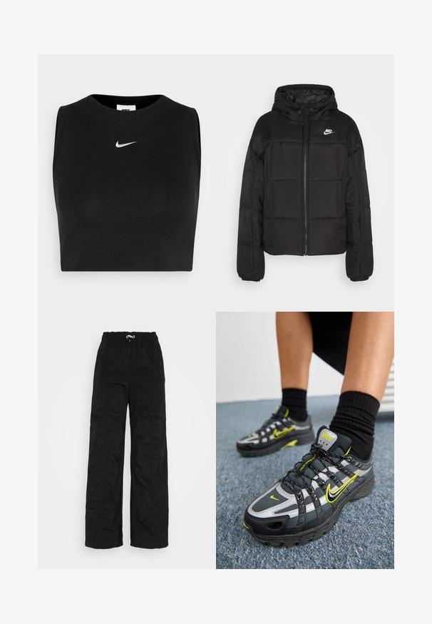Chaqueta acolchada negra con capucha. Presenta un diseño acolchado, cierre frontal, puños elásticos y un pequeño logotipo blanco de Nike en la parte superior izquierda.; Top corto negro sin mangas hecho de material acanalado, con cuello redondo y un pequeño logo blanco de Nike en el pecho.; Nike Sportswear Pantalones deportivos - black; Zapatillas deportivas en negro y gris con acentos reflectantes plateados, paneles de malla texturizada y detalles en amarillo brillante. Diseño con cordones y suela estructurada.