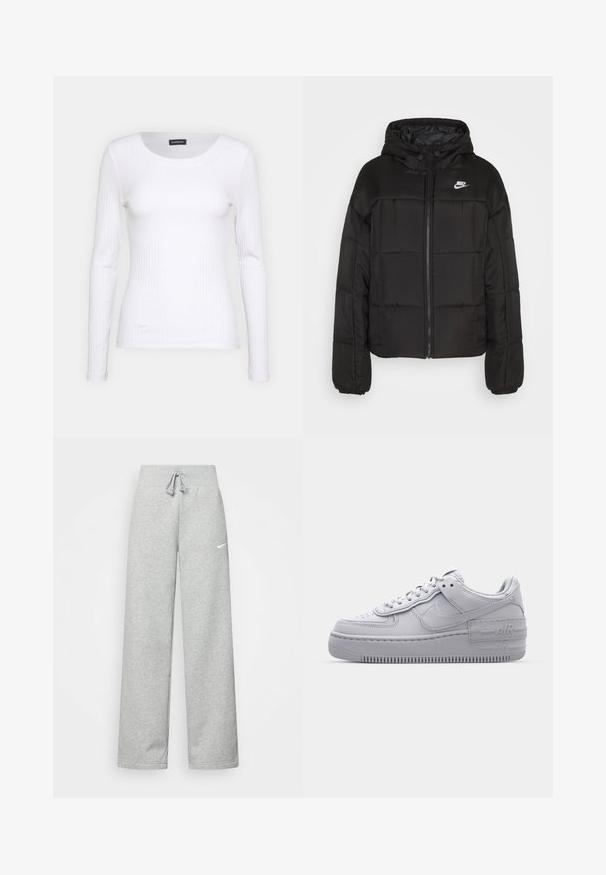 Chaqueta acolchada negra con capucha. Presenta un diseño acolchado, cierre frontal, puños elásticos y un pequeño logotipo blanco de Nike en la parte superior izquierda.; Top de manga larga blanco con cuello redondo. Fabricado en una tela elástica que se ajusta al cuerpo. Presenta sutiles líneas horizontales.; Pantalones de chándal grises con cintura elástica, detalle de cordón y un pequeño logo blanco de Nike en el muslo izquierdo. Tejido suave, de corte holgado.; Zapatilla Nike Air Force 1 gris con puntera perforada, parte superior de cuero suave, suela gruesa y detalle en relieve 'AIR' en el talón.