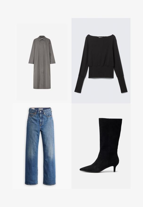 Manteau gris mi-longue jusqu'aux genoux, coupe droite, grand col et manches longues. Comprend deux poches latérales et une fermeture à un bouton. Texture lisse.; Haut noir ajusté à manches longues avec encolure bateau et poignets allongés, court à la taille, présenté sur un fond gris clair.; Jean en denim bleu clair avec une taille haute, une coupe à jambes larges, un style classique à cinq poches et un léger délavage sur le tissu.; Bottine en suède noir avec un bout pointu, un talon fin et une texture lisse, présentant une silhouette ajustée sans quincaillerie visible.