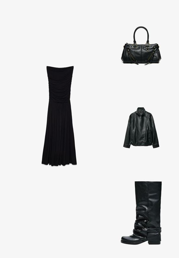 Zwarte leren jas met hoge kraag, asymmetrische ritssluiting aan de voorkant, met knopen bevestigde schouderbanden, elastische tailleband en voorzakken.; Zwarte, strapless maxi-jurk met geplooide textuur op het lijfje en een vloeiende, geplooide rok. Gemaakt van een gladde, rekbare stof.; Zwarte leren kniehoge laars met een slouch-ontwerp, ronde neus en knoopaccenten langs de zijkant. Vierkante blokhak voor stabiliteit.; Zwarte leren handtas met twee hengsels, twee schuine ritssluitingzakken met kwastjes en goudkleurige metalen ringen en studs.