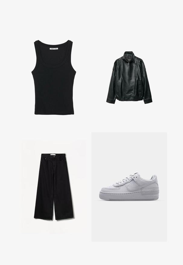 Veste en cuir noir avec col montant, fermeture éclair asymétrique à l'avant, pattes d'épaule boutonnées, taille élastique et poches avant.; Débardeur noir côtelé sans manches avec un col rond et un ourlet droit, étiquette à l'intérieur du dos du cou.; Jean large noir en denim. Doté d'une taille haute, de poches avant et arrière, et d'un matériel argenté sur le bouton et la fermeture éclair.; Basket en cuir lisse gris Nike Air Force 1 avec un bout perforé, une semelle épaisse et un détail 'AIR' en relief sur le talon.