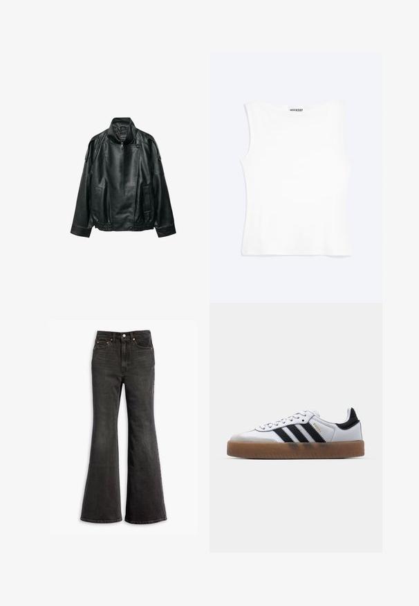 Sort læderjakke med høj krave, asymmetrisk frontlynlås, knappede skulderstropper, elastisk linning og forlommer.; Hvid tætsiddende ærmeløs tanktop med rund halsudskæring og minimalistisk design, mærket "WEEKDAY" indeni kraven.; Sorte højtaljede denim jeans med flagrende ben, fem-lomme design og kobbernitter.; Hvide lædersneakers med sorte striber, gummirubber sål, rund tå, snørelukning og blød grå ruskinds tåhætte.