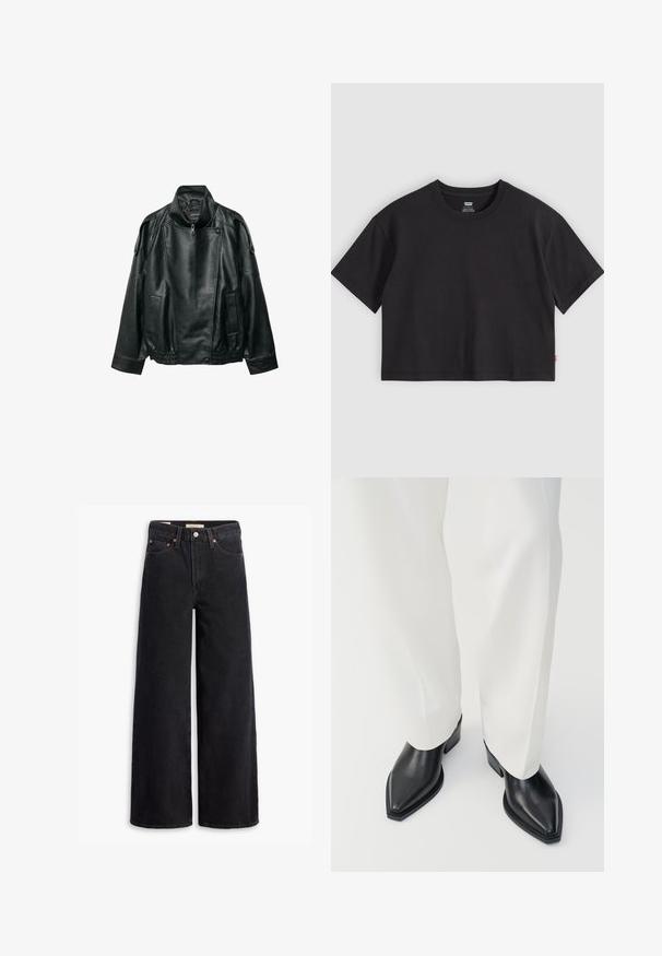 Veste en cuir noir avec col montant, fermeture éclair asymétrique à l'avant, pattes d'épaule boutonnées, taille élastique et poches avant.; T-shirt noir court à manches courtes avec col rond et petite étiquette rouge Levi's sur la couture latérale, posé à plat sur un fond gris clair.; Jean noir à jambe large en denim, comportant cinq poches, des rivets en laiton et une fermeture à bouton classique. Texture lisse avec un design épuré.; Bottines noires à bout pointu en cuir lisse, avec des talons bas en bloc, associées à un pantalon large blanc. Design simple et moderne.