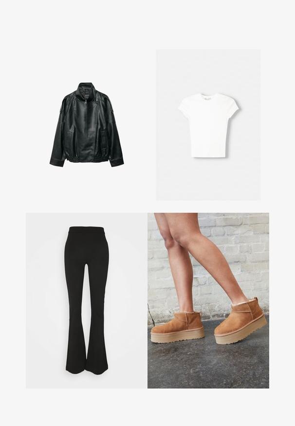 Zwarte leren jas met hoge kraag, asymmetrische ritssluiting aan de voorkant, met knopen bevestigde schouderbanden, elastische tailleband en voorzakken.; Witte t-shirt met korte mouwen van zachte katoen, met een ronde halslijn en een getailleerde vorm. Geen zichtbare patronen of versieringen.; Zwarte flared legging met een gladde textuur, hoge tailleband en aansluitende pasvorm, die aanloopt naar een flared ontwerp bij de enkel.; Bruine suède enkelboots met een zachte voering, dikke beige plateauzool en een achterste lus. Getextureerde oppervlakte met zichtbare stiksels.
