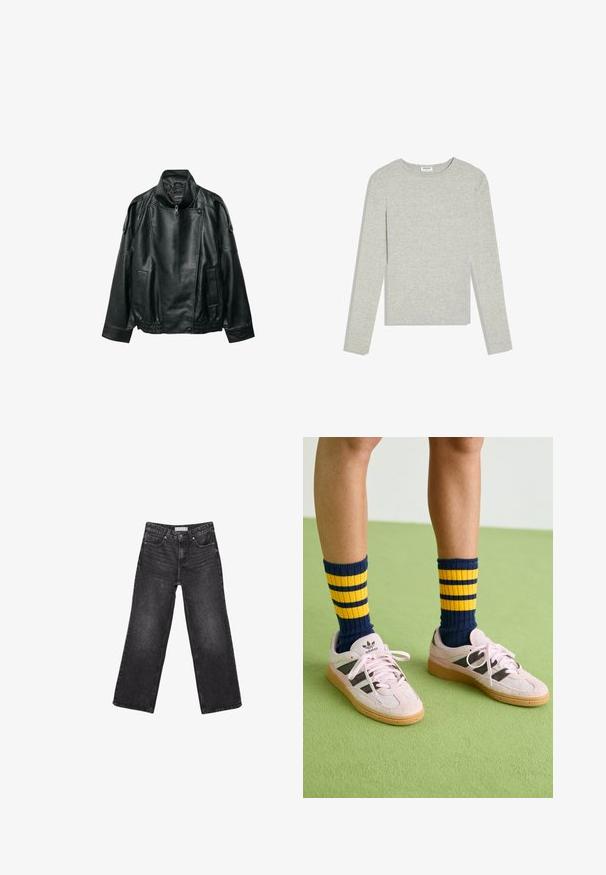 Sort læderjakke med høj krave, asymmetrisk frontlynlås, knappede skulderstropper, elastisk linning og forlommer.; Lysegrå langærmet crewneck-trøje med slim fit og uden synlige mønstre eller logoer, lagt fladt på en hvid baggrund.; Sorte denimjeans med brede ben, for- og baglommer, knaplukning og bæltestropper, lagt fladt på en hvid baggrund.; Lyserøde ruskinds sneakers med sorte striber og gummisåler, parret med navy- og gule stribede ribbede sokker. Grøn struktureret gulv.