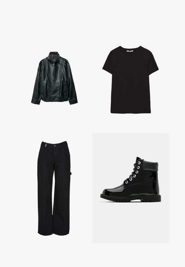 Veste en cuir noir avec col montant, fermeture éclair asymétrique à l'avant, pattes d'épaule boutonnées, taille élastique et poches avant.; T-shirt noir en coton à manches courtes avec encolure ronde, coupe standard et étiquette intérieure visible au niveau du col.; Pantalon noir à jambes larges avec passants pour ceinture, fermeture à boutons et zip à l'avant, et un petit détail en boucle sur le côté droit.; Bottes noires brillantes à la cheville avec une finition en cuir verni lisse, bout rond, laçage à six œillets et semelle en caoutchouc robuste.