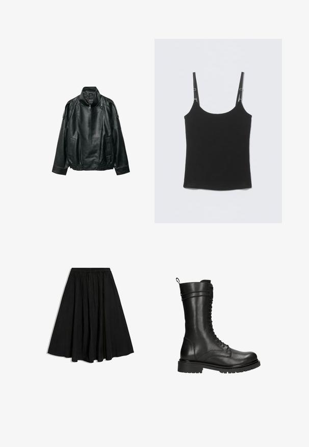 Schwarze Lederjacke mit hohem Kragen, asymmetrischem Frontreißverschluss, gepolsterten Schulterriemen mit Knöpfen, elastischem Taillenbund und Vordertaschen.; Schwarzes, geripptes Tanktop mit verstellbaren dünnen Schulterträgern und einem tiefen Rundhalsausschnitt, flach auf einer hellgrauen Oberfläche ausgelegt.; Schwarzer A-Linien-Midirock mit elastischem Bund und dezenten Falten, dargestellt auf weißem Hintergrund.; Schwarze Lederkampfstiefel mit hohem Schaft, Schnürverschluss und strukturiertem Finish. Ausgestattet mit einer robusten Gummisohle und einem Zugschlauf.