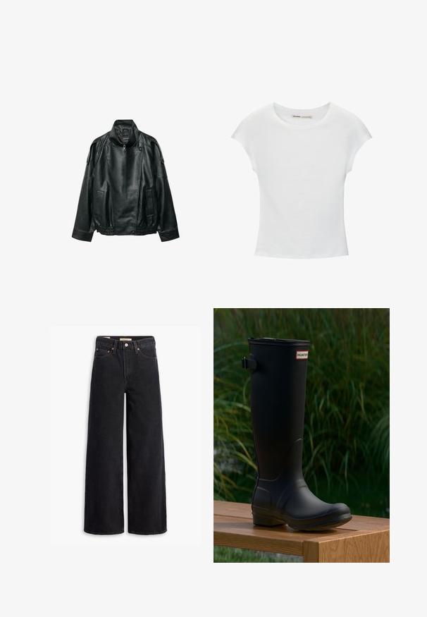 Sort læderjakke med høj krave, asymmetrisk frontlynlås, knappede skulderstropper, elastisk linning og forlommer.; Hvid bomuld t-shirt med korte, opsmøgede ærmer, rund halsudskæring og lige kant. Glat tekstur uden synlige mønstre eller detaljer.; Sorte brede benjeans lavet af denim, med fem lommer, kobbernitter og en klassisk knaplukning. Glat tekstur med et rent design.; Sort gummistøvle til knæene med rundt tå, let hæl og en spænde rem. Har "HUNTER" logoet på forsiden.
