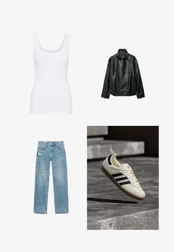 Sort læderjakke med høj krave, asymmetrisk frontlynlås, knappede skulderstropper, elastisk linning og forlommer.; Hvid tanktop med rund udskæring, brede skulderstropper og tætsiddende design, lavet af et glat, strækbart stof.; Lyseblå, straight-leg jeans lavet af denim. Har sammensmeltede huller på fronten, falmede tekstur og fem lommer med metalhardware.; Hvid Adidas Samba sneaker med sorte striber og gummsål, svævende over teksturerede grå betonstrin.