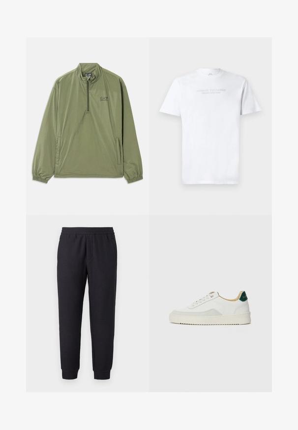 Pullover jack in militair groen, lichte stof, kwart rits, elastische manchetten, voorzak. Bevat het EA7-logo in het zwart op de borst.; Witte katoenen t-shirt met een ronde hals, korte mouwen en een reliëflogo "ARMANI EXCHANGE MILANO/NEW YORK" op de voorkant.; Zwarte taps toelopende joggingbroek met elastische tailleband en boorden, voorzien van een subtiel textuurpatroon en zijzakken.; Witte sneaker met suède accenten, ronde neus, platte veters en een crème rubberen zool. Bevat groene branding op de hiel.