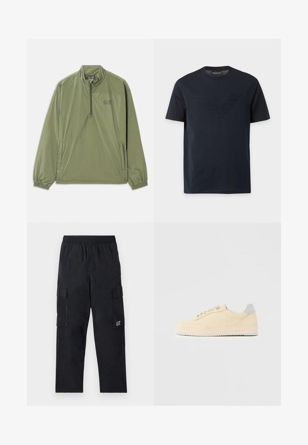Veste pull en vert militaire, en tissu léger, avec fermeture éclair quart, poignets élastiques et poche frontale. Présente le logo EA7 en noir sur la poitrine.; T-shirt noir à manches courtes avec col rond, comportant un logo aigle en relief discret sur la poitrine et une étiquette de marque à l'intérieur du col.; Pantalons cargo noirs avec une taille élastique, poches latérales et un petit logo sur la jambe gauche. Fabriqués en tissu léger et lisse.; Baskets basses beige à lacets, semelle rose clair et languette grise à l'arrière marquée "Filling Pieces", vues de profil sur fond uni.