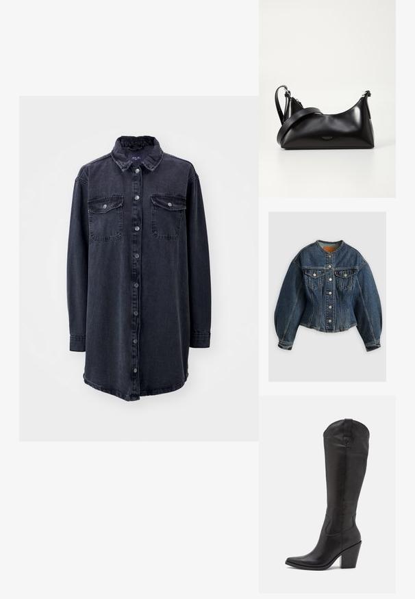 Levi's® SCULPTED TRUCKER - Denimová bunda - wonderlust no tack; Tmavomodrá-denimová košeľa s golierom, dlhými rukávmi, prednými gombíkmi a dvoma náprsnými vreckami. Má mierne voľný strih a zakrivený lem.; Čierne vysoké čižmy z hladkej kože, s špicatou špičkou, hromadným podpätkom a jemnými stehmi po strane.; Čierna kožená kabelka s hladkou textúrou. Obsahuje nastaviteľný popruh a elegantný, minimalistický dizajn so zipsovým uzatvorením.