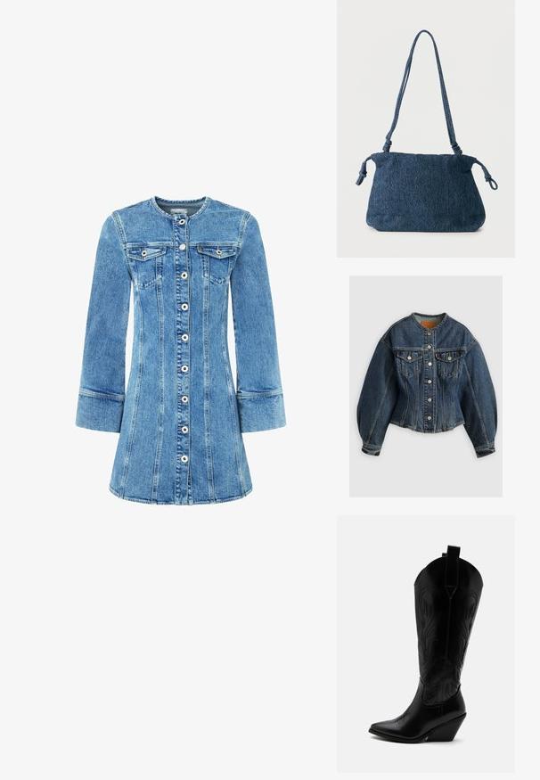 Levi's® SCULPTED TRUCKER - Chaqueta vaquera - wonderlust no tack; Vestido de mezclilla con un lavado azul claro, cierre frontal de botones, dos bolsillos en el pecho y mangas largas. Presenta costuras estructuradas y una falda acampanada.; Bota de vaquero de cuero negro con punta puntiaguda, tacón bloqueado inclinado, costuras decorativas y lengüetas en la parte superior sobre fondo blanco.; Bolso de hombro de mezclilla azul oscuro con extremos de correa anudados y forma rectangular simple sobre un fondo blanco.