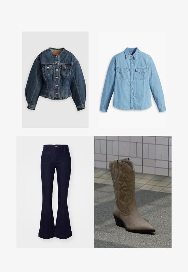 Levi's® SCULPTED TRUCKER - Denimová bunda - wonderlust no tack; Svetlomodrá džínová košeľa s dlhými rukávmi, špicatým golierom, dvoma náprsníkovými vreckami, zapínaním na gombíky a jemnou textúrou. Žiadne viditeľné vzory.; Džínsové nohavice tmavomodrej farby s vysokým pásom, prednými našitými vreckami a širokými zvonovými nohavicami, gombíkom a pútkami na opasok v páse.; Vysoká béžová semišová kovbojská čižma s dekoratívnym prešívaním a ozdobnými cvočkami, so špicatou špičkou a šikmým čiernym podpätkom na chodníku.