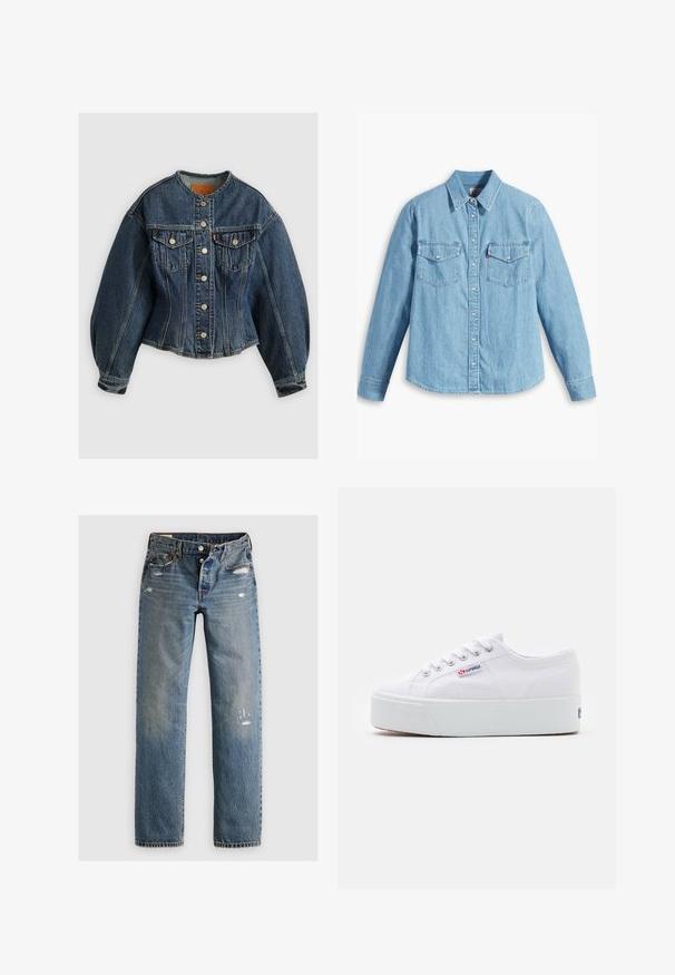 Levi's® SCULPTED TRUCKER - Chaqueta vaquera - wonderlust no tack; Camisa de mezclilla azul claro con mangas largas, cuello puntiagudo, dos bolsillos en el pecho, botonera y una textura sutil. Sin patrones visibles.; Jeans de denim azul con corte recto, que presentan detalles desgastados y parches desteñidos. La tela tiene un acabado texturizado y costuras cosidas.; Zapatilla de lona blanca con una gruesa suela de plataforma blanca, punta redonda y ojales de metal para los cordones. Logotipo de la marca mostrado en el lateral.