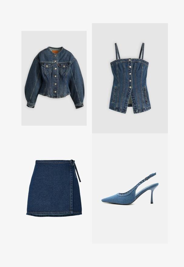 Levi's® SCULPTED TRUCKER - Denimová bunda - wonderlust no tack; Džínsový korzetový top s nastaviteľnými ramienkami, predným zapínaním na gombíky, vertikálnymi švami, bočnými vreckami a mierne otvoreným predným dielom.; Džínová sukňa s prekrývacím dizajnom, tmavomodrá farba a viazanie v páse. Má švy pozdĺž lemu a postranného švu.; Modrá denimová lodička s otvorenou pätou, špicatou špičkou, striebornými očkami a nastaviteľným prackovým remienkom.