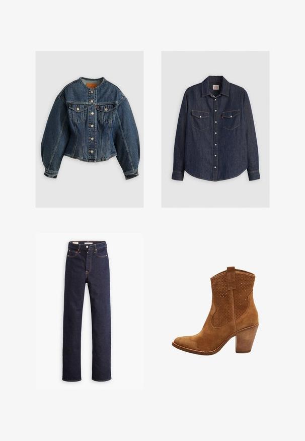 Levi's® SCULPTED TRUCKER - Spijkerjas - wonderlust no tack; Donkerblauwe denim overhemd met lange mouwen, kraag met knopen aan de voorkant, twee borstzakken met kleppen en contrasterende gele stiksels.; Donkerblauwe straight-leg denim jeans met vijf zakken en zichtbare oranje stiksels op een witte achtergrond.; Bruine suède enkellaars van gemiddelde hoogte met geperforeerde bovenzijde, afgeronde neus, aantreklus en stevige blokhak.