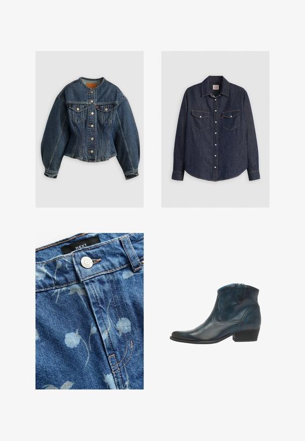 Levi's® SCULPTED TRUCKER - Cowboyjakker - wonderlust no tack; Mørkeblå denimskjorte med lange ærmer, knaplukning fortil, to brystlommer med klapper og kontrasterende gule sømme.; Denimstof i lyseblå, prydet med blomsterprint. Inkluderer en sølvknaplukning og lysebrune syninger langs sømmene. Mærkets etiket er synlig.; Cowboy ankel støvler lavet af mørkeblåt læder, med spidse tæer, buede detaljer og en lav, stablet hæl med subtile syninger.