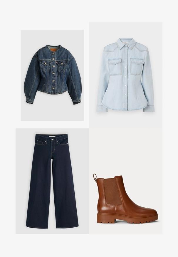 Levi's® SCULPTED TRUCKER - Chaqueta vaquera - wonderlust no tack; Camisa de denim azul claro con un diseño ajustado, cuello puntiagudo, dos bolsillos en el pecho y costuras en contraste. Presenta cierre de botones y mangas largas.; Jeans de pierna ancha en denim oscuro con costuras naranjas, cierre de botón, dos bolsillos frontales y una textura suave. Presenta un dobladillo limpio.; Bota Chelsea de cuero marrón con panel lateral elástico, lengüeta en el talón y suela gruesa con tacos.