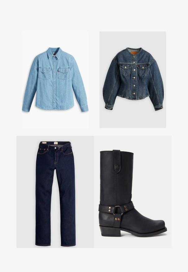 Levi's® SCULPTED TRUCKER - Cowboyjakker - wonderlust no tack; Lyseblå denimskjorte med lange ærmer, spidse krave, to brystlommer, knaplukning og subtil tekstur. Ingen synlige mønstre.; Mørkeblå jeans med lige ben, orange syninger, fem lommer og knaplukning, lagt fladt på en lys baggrund.; Sort læder mellemhøje støvler med lav hæl, rund tå og dekorativ rem med metalnitter og ring omkring anklen.