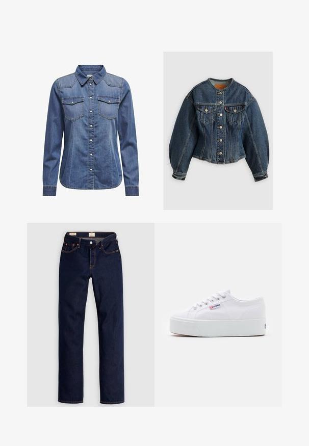 Levi's® SCULPTED TRUCKER - Teksajakk - wonderlust no tack; Tumedates denim särk, millel on kaelus, pikad varrukad, kahekordsed rinnataskud ja kontrastsed õmblused.; Tumesinised sirge säärega teksapüksid oranži õmblusega, viie tasku ja nööpkinnitusega, tasapinnale laotatud heledal taustal.; Valge kangast sneaker paksu valge platvormi tossul, ümmargune nina ja metallist augud nööride jaoks. Brändi logo on küljes.