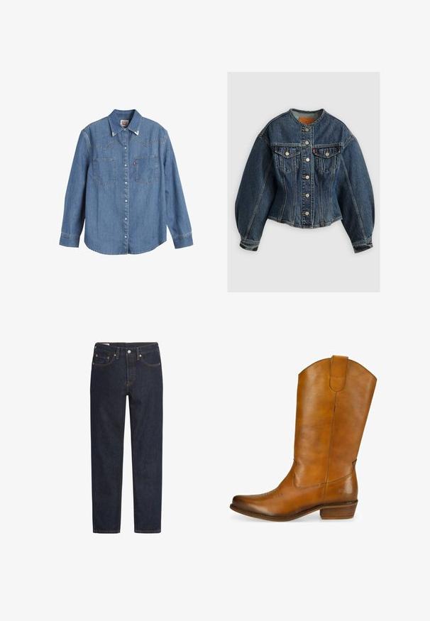 Levi's® SCULPTED TRUCKER - Jeansjacke - wonderlust no tack; Hellblaues Denim-Hemd mit langen Ärmeln, spitzem Kragen, zwei Brusttaschen und kontrastierenden Nähten. Verfügt über ein Design mit Westernstil-Yoke.; Dunkelblaue Denim-Jeans mit geradem Schnitt, Fünf-Taschen-Design, Kupferriegeln und orangefarbener Naht entlang der Nähte.; Hellbraune Cowboy-Stiefel aus Leder mit glatter Oberfläche, geschwungenem Schaft, dekorativem Stichmuster an der Spitze und einem niedrigen, gestapelten Absatz. Braunes Akzenten-Logo an der Seite.