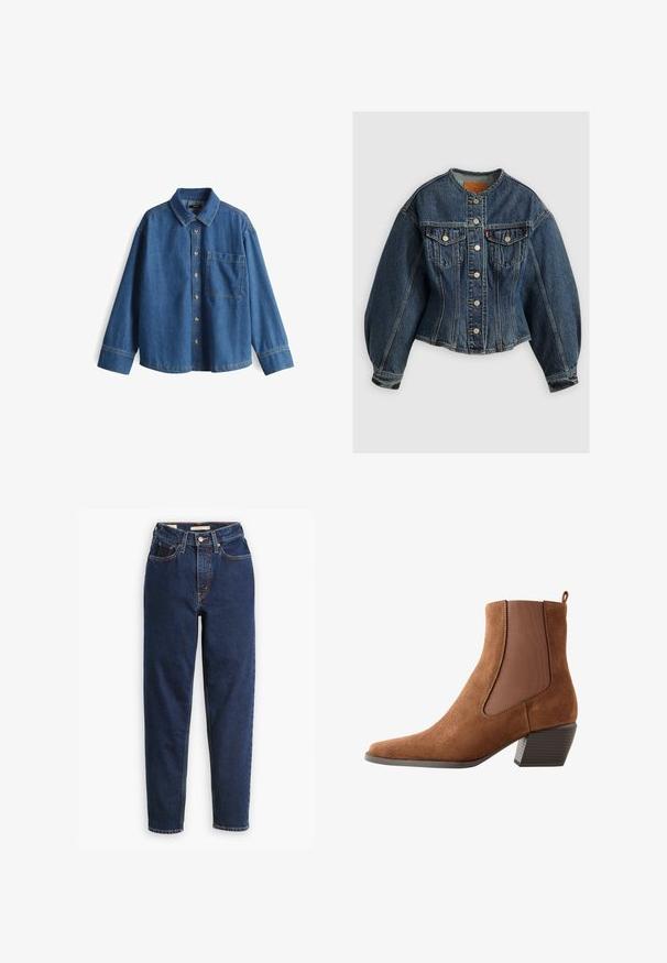 Levi's® SCULPTED TRUCKER - Jeansjacke - wonderlust no tack; Jeanshemd, hellblau, langärmlig, Knopfleiste vorne, Kragen, eine Brusttasche, kontrastierende Nähte und ein lässiger Schnitt.; Dunkelblaue Jeans aus Denim mit hoher Taille, Fünf-Taschen-Design und geraden Beinen. Kontrastnähte und Knopfverschluss.; Brauner Veloursleder-Stiefelette mit niedrigem, geschichtetem Absatz und elastischem Seitenteil für einfaches An- und Ausziehen, im Profil auf weißem Hintergrund gezeigt.