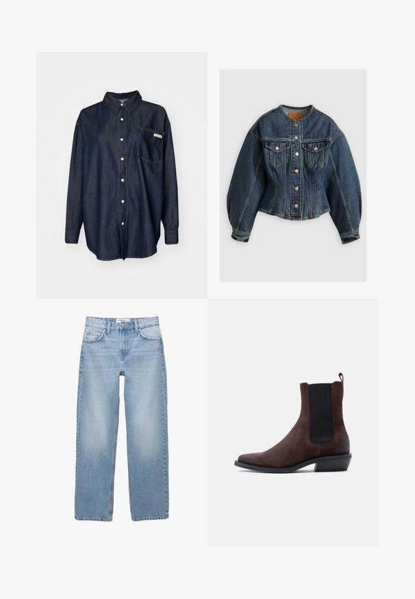 Levi's® SCULPTED TRUCKER - Veste en jean - wonderlust no tack; Chemise en denim foncé à boutons, avec un col, des manches longues, une poche poitrine unique et des détails de couture blancs.; Jean en denim bleu clair avec une coupe droite, style cinq poches et des détails de couture visibles. Le tissu a une texture douce et légèrement décolorée.; Bottine Chelsea en suédine marron avec panneau latéral élastique noir, languette à l'arrière, talon bas et bout pointu sur fond blanc.