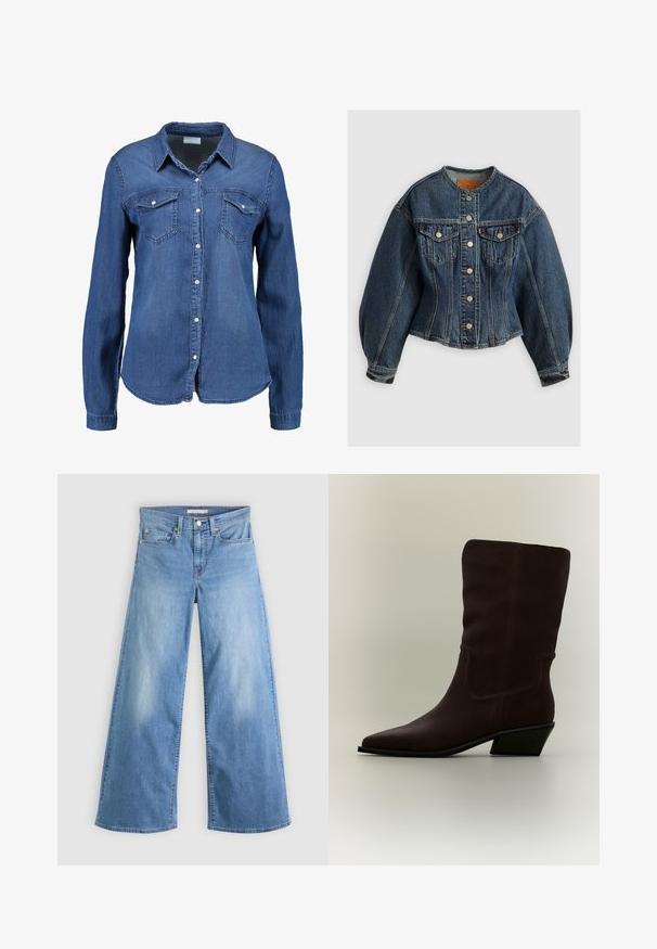 Levi's® SCULPTED TRUCKER - Denimová bunda - wonderlust no tack; Džínová košeľa v stredne modrej farbe s dlhými rukávmi, zapínaním na gombíky, špicatým golierom a dvoma vreckami na hrudi. Mäkká textúra so štandardným strihom.; Svetlomodré džínsy s širokými nohavicami, vyrobené z denimu, s vysokým pásom, predným zipsom a zapínaním na gombík, klasickým päťvreckovým dizajnom.; Tmavohnedá semišová čižma po stred lýtka so špicatou špičkou a nízkym šikmým blokovým podpätkom na jednoduchom svetlom pozadí.