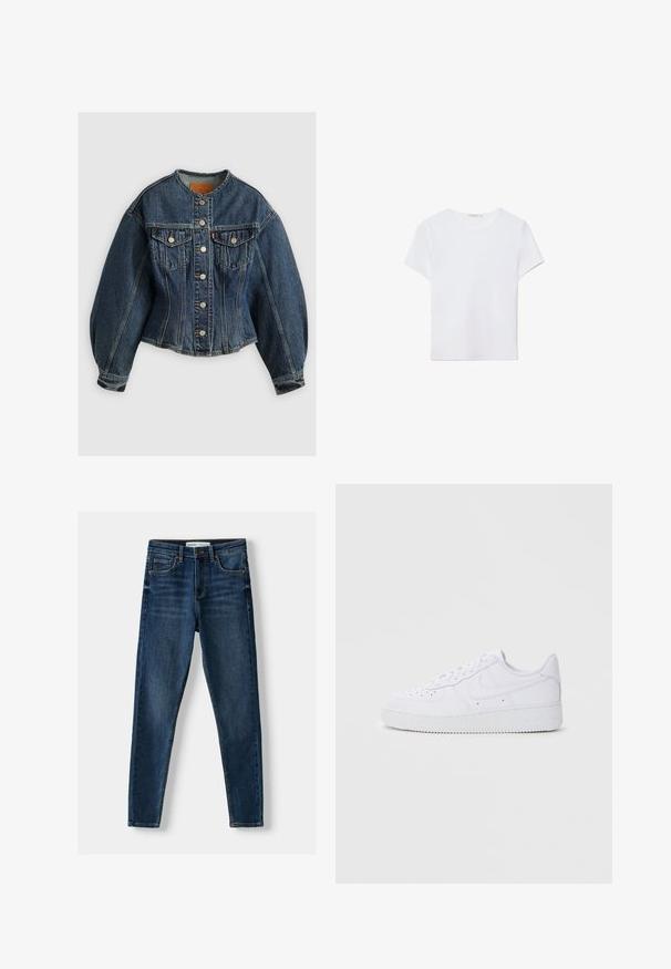 Levi's® SCULPTED TRUCKER - Cowboyjakker - wonderlust no tack; Hvid kortærmet t-shirt lavet af blødt stof. Har en rund halsudskæring og et simpelt, rent design med en lige underkant.; Mørkeblå denim skinny jeans med et klassisk femlomme-design, forstærket syning og knaplukning. Glat tekstur, ingen mønstre.; Hvide Nike Air Force 1 sneakers med læderoverdel, rund tå, snørelukning, polstret krave og struktureret gummisål.