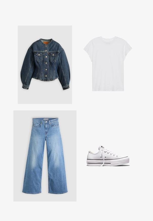 Levi's® SCULPTED TRUCKER - Cowboyjakker - wonderlust no tack; Hvid kortærmet t-shirt med rund hals, afslappet pasform, lavet af blødt bomuldsstof. Glat tekstur, ingen mønstre eller logoer.; Lyseblå vidbenede jeans lavet af denim, med høj talje, lynlås og knaplukning foran samt klassisk fem-lomme design.; Lavtop hvid lærredsneaker med hvide snørebånd, gummisål, sorte stribedetaljer og logo-patch på tungen og hælen.