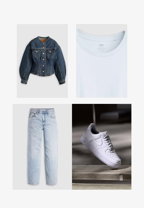 Levi's® SCULPTED TRUCKER - Cowboyjakker - wonderlust no tack; Hvid Levi's t-shirt krave, der viser syet ribbet rund halsudskæring og trykt mærkat med størrelse og produktionsdetaljer.; Lyseblå denimjeans med høj talje, afslappet pasform, lige ben og et klassisk design med fem lommer. Synlige falmede detaljer og syninger.; Hvid Nike Air Force 1 sneaker svævende over en betonoverflade med skygger i et minimalistisk miljø.