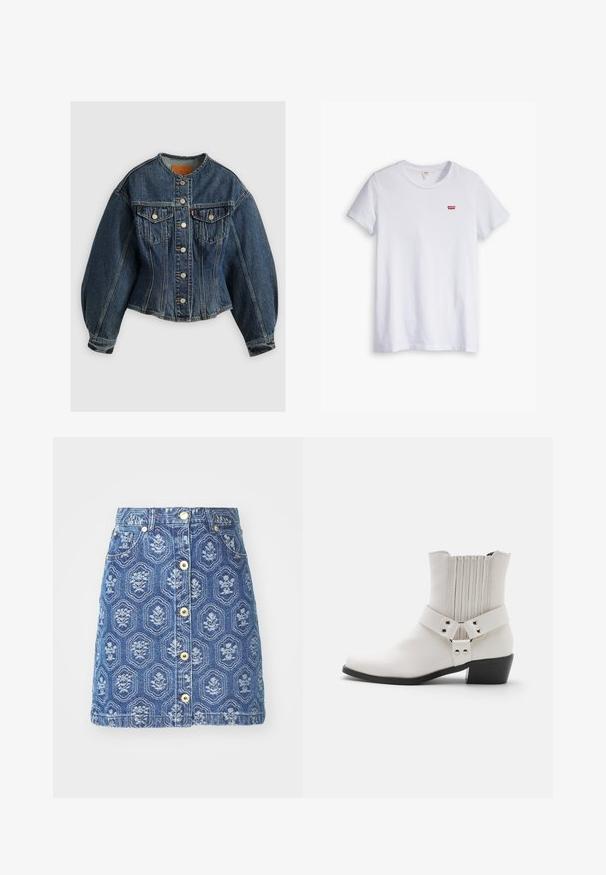 Levi's® SCULPTED TRUCKER - Denimová bunda - wonderlust no tack; Biela bavlnená tričko s krátkymi rukávmi a okrúhlym výstrihom. Na ľavej strane hrude sa nachádza malé červené logo Levi's.; Džínová sukňa s modrým kvetinovým vzorom, so zapínaním na gombíky vpredu a vreckami, v tvare A a s kontrastným prešívaním.; Biele kožené členkové topánky s mierne špicatou špičkou, nariaseným zadným detailom a širokým pásom s prackou okolo členka.