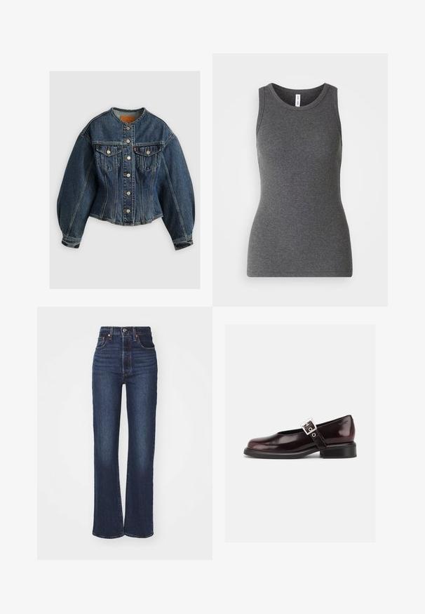 Levi's® SCULPTED TRUCKER - Denimová bunda - wonderlust no tack; Sivý bezrukávový tričko z rebrovanej látky; má okrúhly výstrih a priliehavý strih. Žiadne vzory ani ďalšie akcenty.; Tmavomodré vysoké rovné džínsy so zapínaním na gombík a zips, prednými a zadnými vreckami, vystavené na bielom pozadí.; Jediná lesklá tmavá burgundská obuv Mary Jane so širokým remienkom a striebornou prackou, nízkym blokovým podpätkom a zaoblenou špičkou na bielom pozadí.