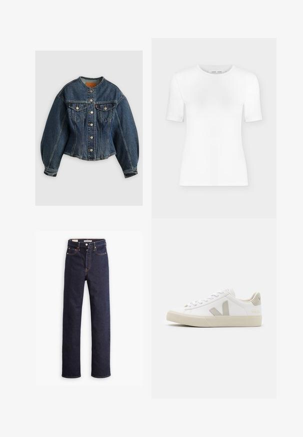Levi's® SCULPTED TRUCKER - Spijkerjas - wonderlust no tack; Wit T-shirt met korte mouwen en een ronde hals, een slanke pasvorm en geribbelde stof, weergegeven op een effen lichtgrijze achtergrond.; Donkerblauwe straight-leg denim jeans met vijf zakken en zichtbare oranje stiksels op een witte achtergrond.; Witte sneakers van leer met grijze V-logo accenten, een gestructureerde rubberen zool, witte veters en een gevoerde tong en kraag.