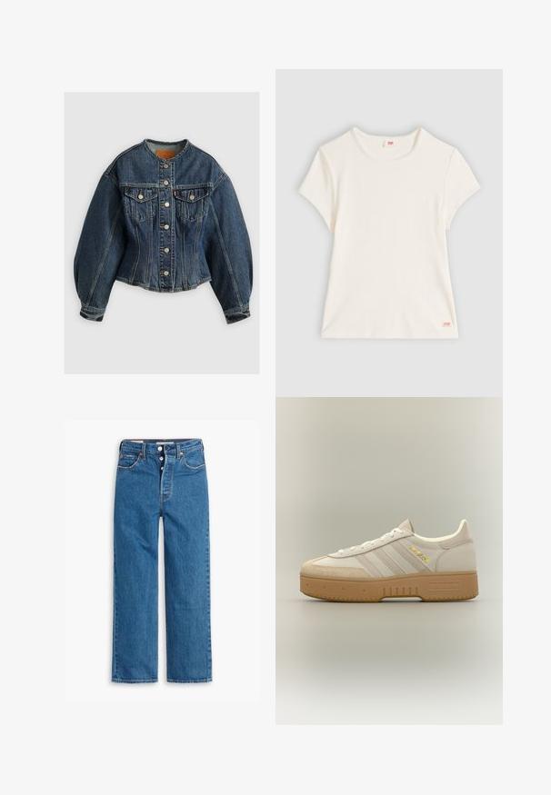 Levi's® SCULPTED TRUCKER - Denimová bunda - wonderlust no tack; Biele žerzejové tričko z rebrovanej bavlny s krátkym rukávom, okrúhlym výstrihom a malou značkovou visačkou Levi's na spodnom leme.; Modré denimové rovné nohavice s vysokým pásom, dizajnom s piatimi vreckami a gombíkovým zapínaním. Výrazné švy a hnedé nitové nitovanie.; Krémovo-bežový Adidas teniska s gumovou podrážkou, tromi pruhmi na boku a "SPECIAL" napísané zlatým písmom blízko šnúrok.