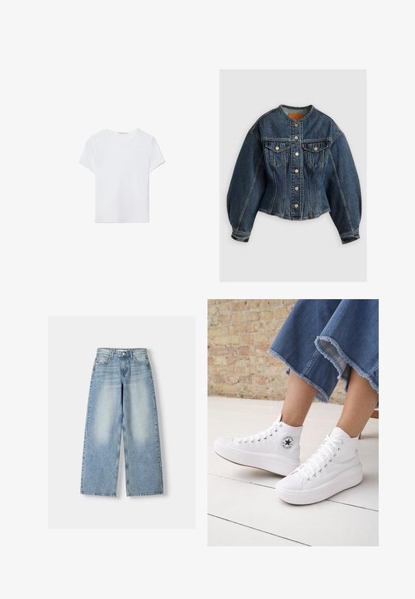 Levi's® SCULPTED TRUCKER - Jeansjacke - wonderlust no tack; Weißes kurzärmliges T-Shirt aus weichem Stoff. Hat einen runden Halsausschnitt und ein einfaches, sauberes Design mit geradem Saum.; Helle blaue, weit geschnittene Jeans mit hoher Taille, mit einem verwaschenen Finish, fünf Taschen und geradem Schnitt.; Person trägt weiße knöchelhohe Converse-Sneaker mit dicken Sohlen und abgeschnittene, ausgefranste blaue Jeans vor einer Backsteinmauer und weißem Boden.