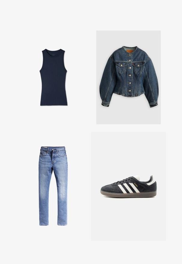 Levi's® SCULPTED TRUCKER - Cowboyjakker - wonderlust no tack; Navyblå ærmeløs ribstrikket tanktop med rund halsudskæring, figursyet og uden synlige mønstre eller logoer.; Lysblå denimjeans med lige ben-design, fem lommer og kontrastsyninger. Stoffet ser let slidstært ud.; Sort Adidas Samba sneaker med hvide striber, gumisål og guldfarvet "Samba" tekst på siden, vist fra venstre profil på ensfarvet baggrund.