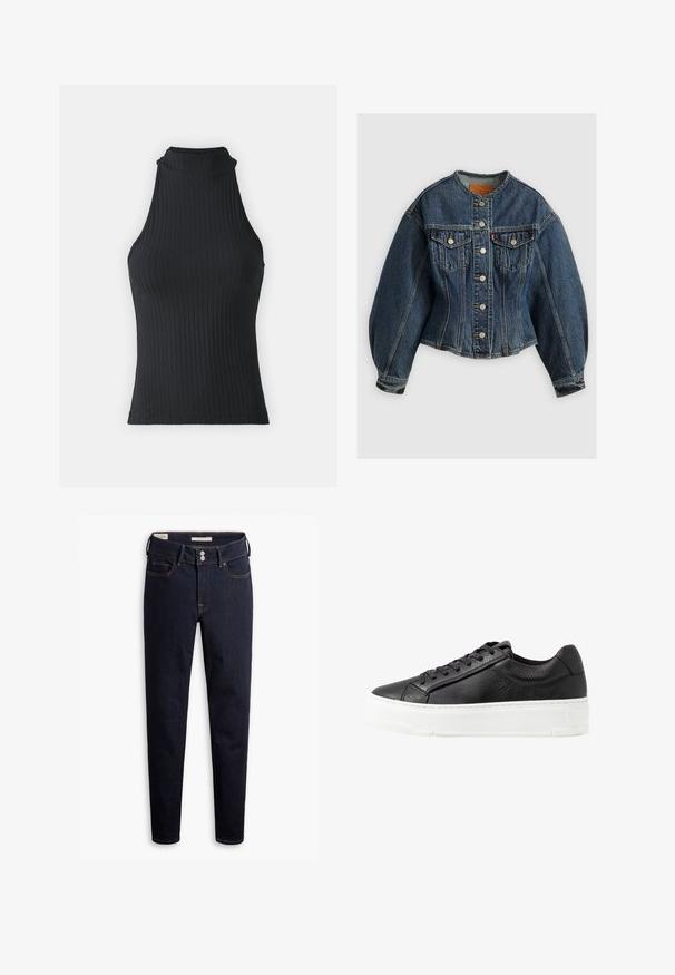 Levi's® SCULPTED TRUCKER - Spijkerjas - wonderlust no tack; Zwart geribbeld hoog-nekkleed zonder mouwen met een getailleerde pasvorm en rekbaar materiaal, met een subtiele textuur en afgewerkte randen.; Donkerblauwe denim jeans met een slim fit, voorzien van twee zijzakken, een muntzakje en twee achterzakken. Contraststiksels en metalen knopen.; Zwarte leren sneaker met een gestructureerd oppervlak, witte rubberen zool, ronde neus en vetersluiting. Kenmerkt zich door stiksels en een gladde tong.