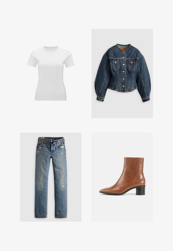 Levi's® SCULPTED TRUCKER - Spijkerjas - wonderlust no tack; Witte nauwsluitende dames T-shirt met korte mouwen, geribbeld en met een ronde hals en een klein maatlabel aan de binnenzijde van de kraag.; Blauwe denim jeans met een rechte pijp, met gescheurde details en vervaagde vlekken. De stof heeft een gestructureerde afwerking en gestikte naden.; Bruine leren enkellaars met een puntige neus, een gestructureerde afwerking en een middelhoge blokhak. Eenvoudig ontwerp zonder zichtbare hardware of patronen.