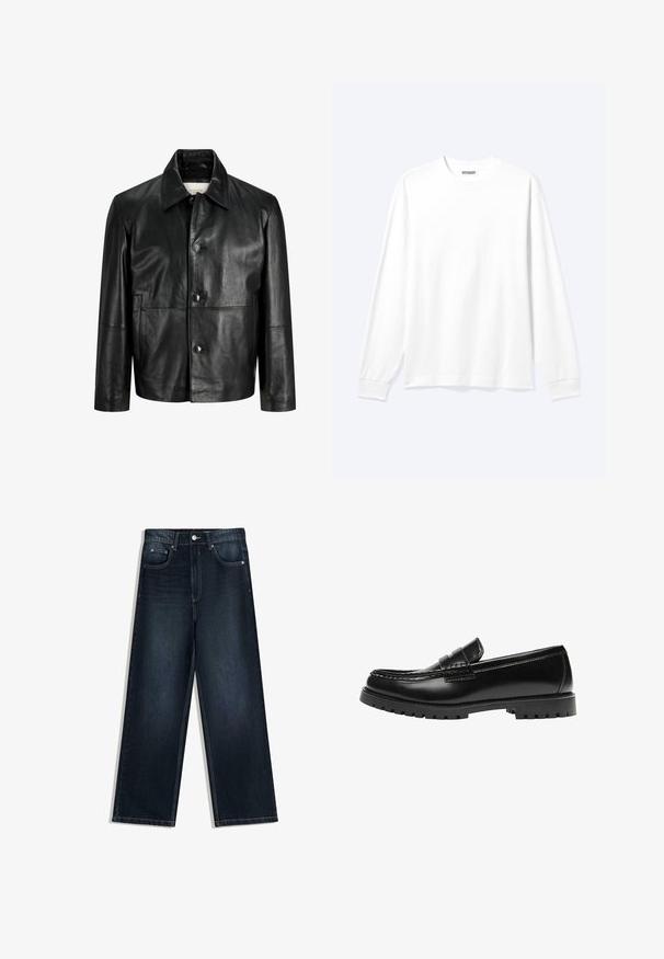 Veste en cuir noire avec fermeture à boutons sur le devant, col classique, manches longues et poches latérales, présentée sur fond blanc.; Chemise blanche unie à manches longues avec col rond et poignets côtelés, présentée sur un fond clair neutre.; Jean en denim foncé à jambes larges avec une texture lisse, doté d'une fermeture à boutons sur le devant, de cinq poches et de détails de couture contrastants.; Mocassin en cuir noir avec une semelle en caoutchouc épaisse et un détail classique de bride à monnaie, vu de côté extérieur.
