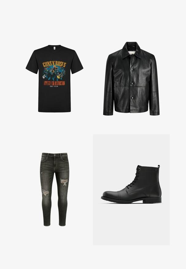 Sort læderjakke med knapper foran, klassisk krave, lange ærmer og sidelommer, vist mod en hvid baggrund.; Sort bomulds t-shirt med et farverigt grafisk print af bandmedlemmerne, med teksten "Guns N' Roses Appetite for Destruction 1987 Tour."; Sorte skinny jeans med rifter på lårerne, medium vask, klassisk fem-lomme design og metal knaplukning.; Sorte læder ankelstøvler med rund tå, snørelukning og flad gummisål. Har minimal syning og en hælsløjfe.