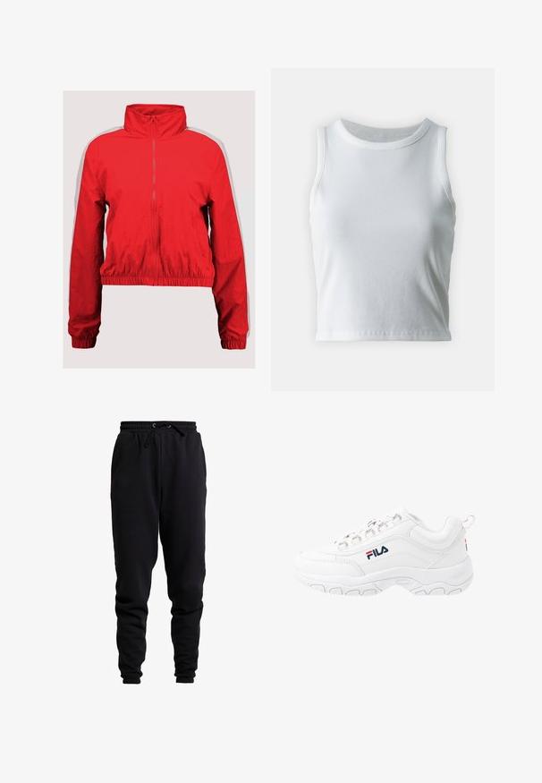 Veste coupe-vent rouge avec un col montant, fermeture éclair avant et ourlet élastique. Présente des rayures blanches sur les côtés et une texture légère et lisse.; Débardeur blanc côtelé avec un décolleté rond et sans manches, présentant un ourlet droit et une texture lisse et extensible.; Pantalons de jogging noirs en tissu doux, dotés d'une taille élastique avec cordon de serrage, de jambes fuselées et de poignets côtelés.; Baskets blanches de sport avec une tige en cuir lisse, dotées d'une semelle en caoutchouc texturé, d'œillets métalliques et d'un logo contrastant sur le côté.