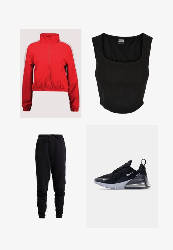 Rød vindjakke med høj krave, lynlås foran og elastisk kant. Har hvide side-striber og en let, glat tekstur.; Sort cropped tank top med rund halsudskæring, lavet af glat, strækbart stof. Har et tætsiddende design og minimale sømme.; Sorte joggingbukser lavet af blødt stof, med elastisk talje og snøre, tætsiddende ben og ribbede forneden.; Sort atletiske sneakers med en mesh-overdel, der har et hvidt swoosh-logo, synlig Air-enhed og en tekstureret ydersål. Detaljer inkluderer en bageste trækstrop.
